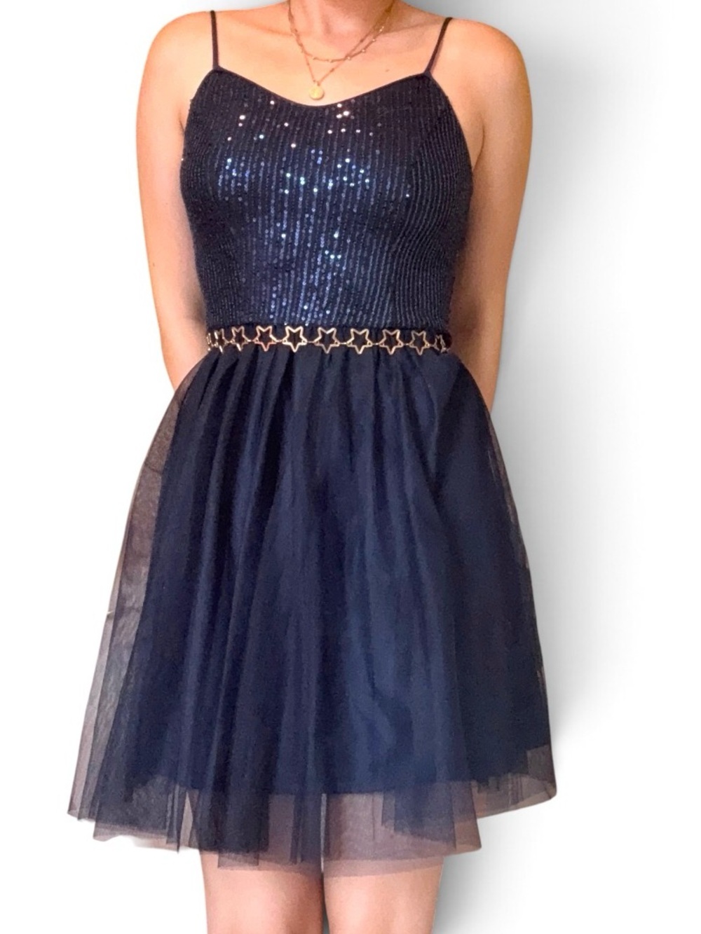 Women’s Dressystar Hoco/Prom Mini Dress
Navy Blue Sequined
Tulle Skirt
Size S